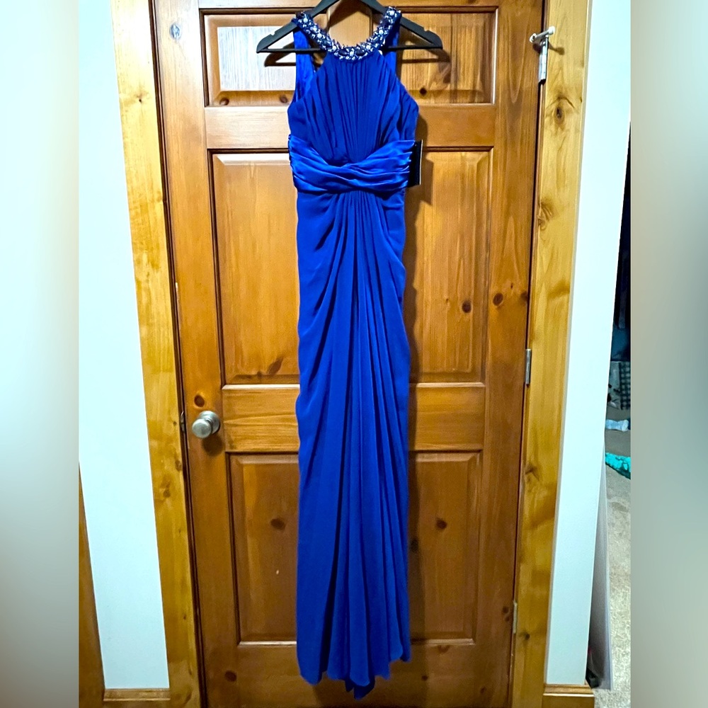 Odrella Elegant Blue Embrllished Halter Evening Gown